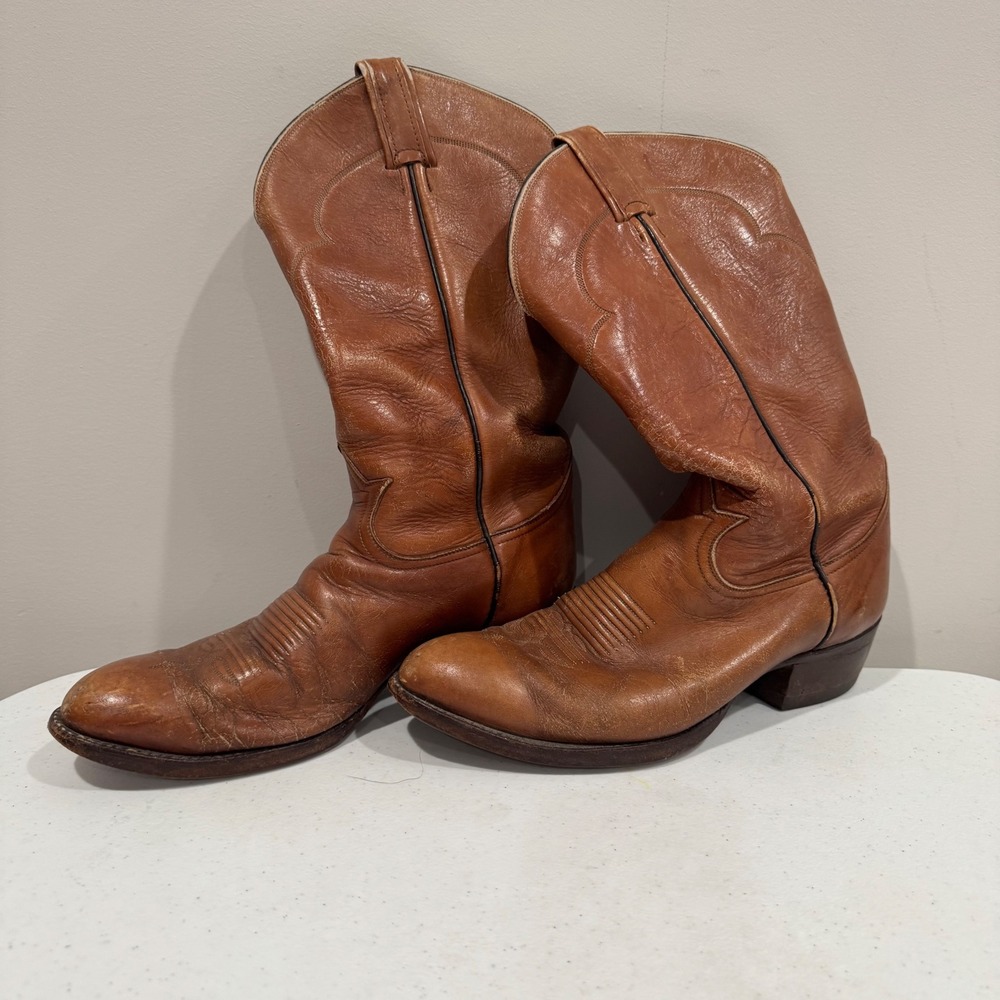Vintage Tony Lama Cowboy Boots Mens 9 Tan Leather Western Round Toe USA 5084